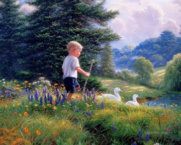 boy and duck countryside pet kids Oil Paintings